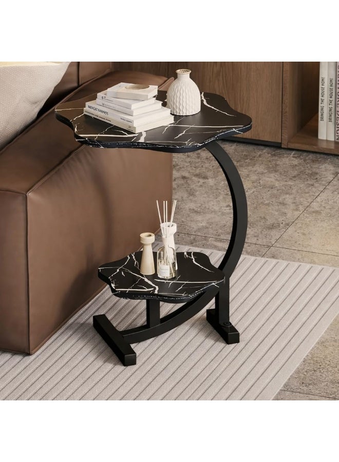 طاولة جانبية للاريكة بتصميم مزدوج الطبقات صغيرة الحجم وموفرة للمساحة مع هيكل ثابت من مادة صلبة متينة وسهلة التحريك، اثاث لغرفة المعيشة وغرفة النوم والاريكة (اسود رخامي) - Image 3